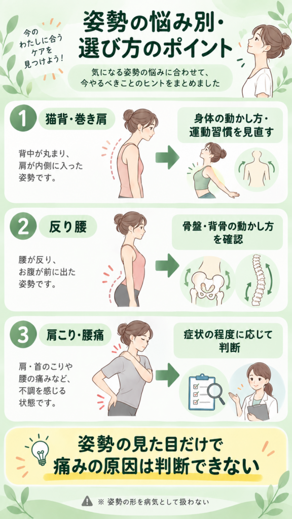 姿勢の悩み別ケアガイド